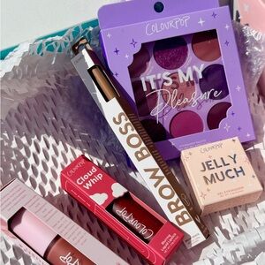 ColourPop purple eyeshadow palette with pink jelly shadow & red lip set